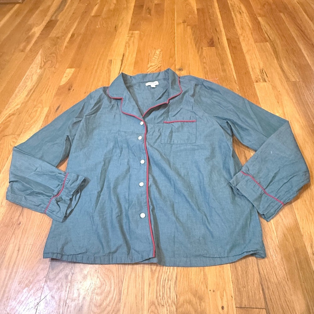 Nordstrom Womens Cotton Pajama Top Teal Blue Red Piping Button Down Large